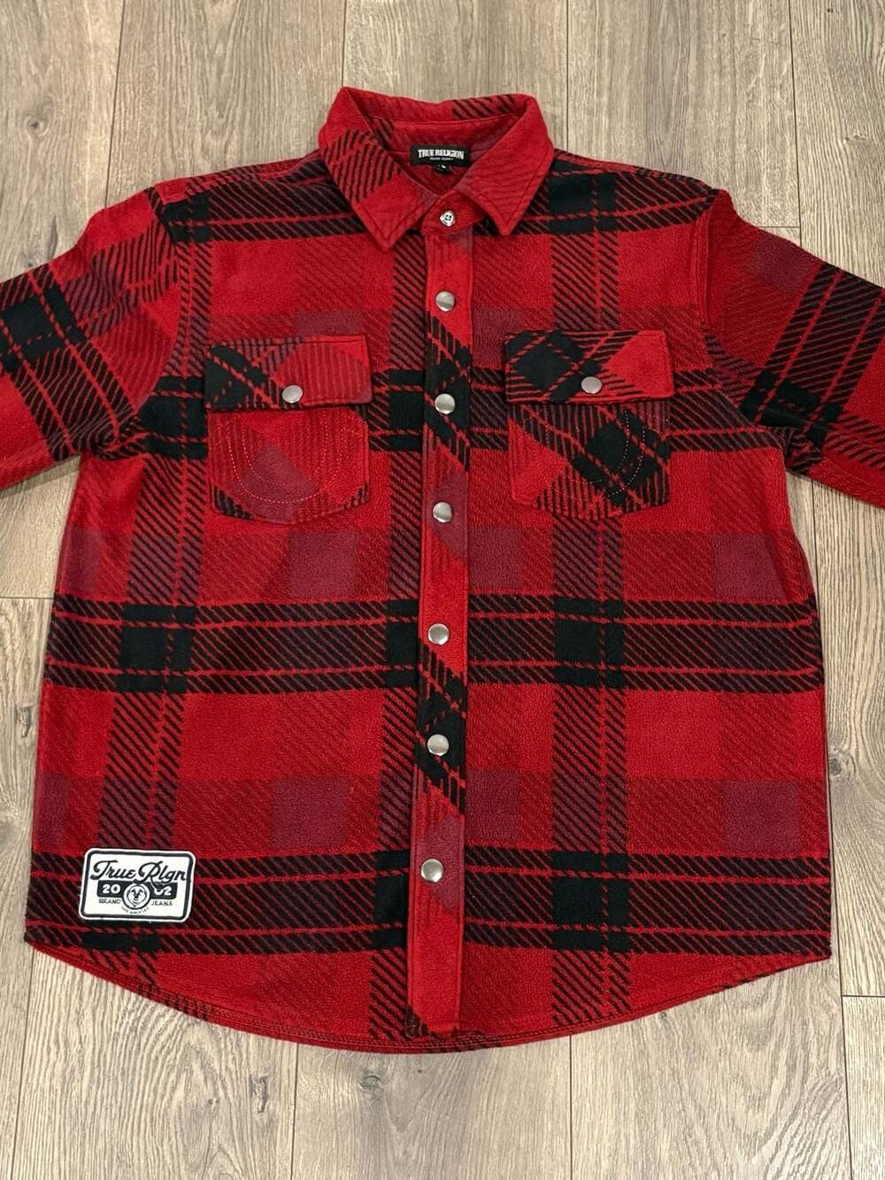 True Religion Polar Fleece Shacket Red Plaid Snap Button Shirt Small